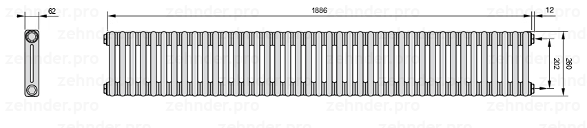 Схема (чертеж) Радиатор Zehnder Charleston 2026/41 №7610 Белый глянцевый RAL 9016
